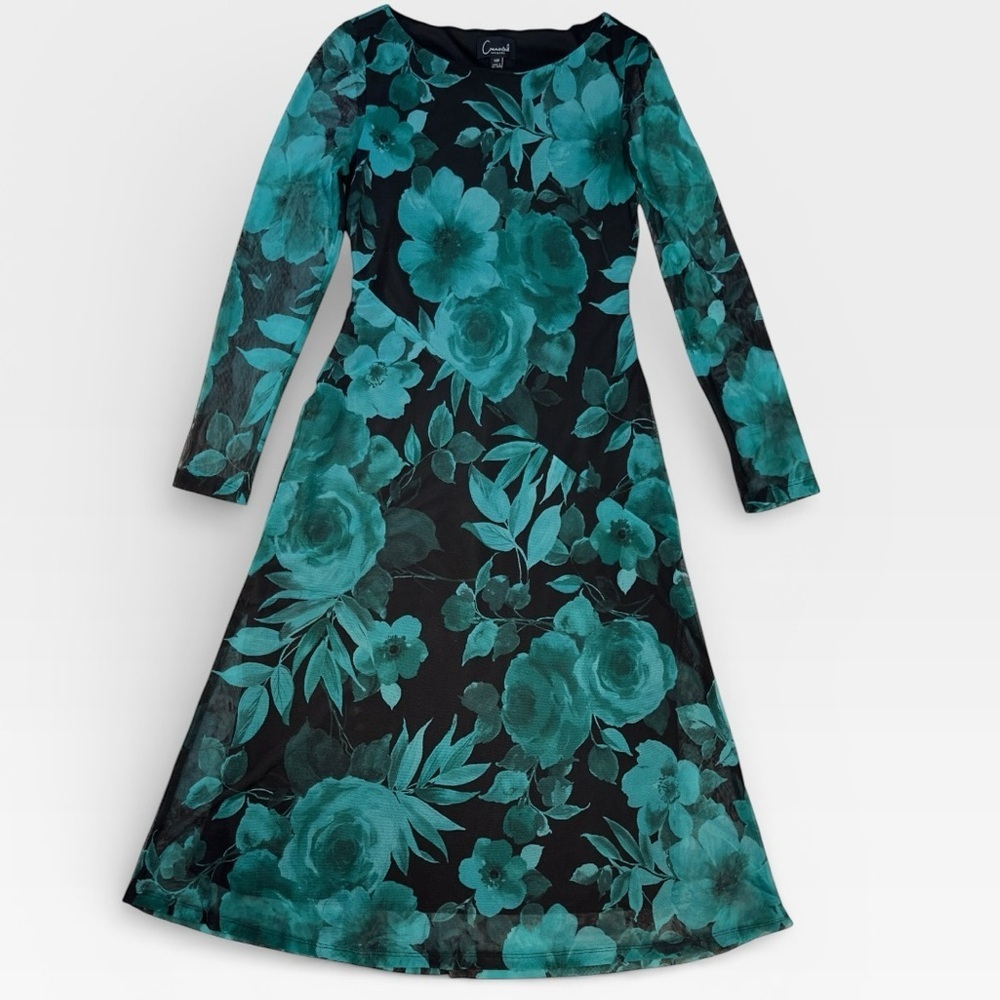Connected Womens Black & Green Floral Sheer Long Sleeve Midi Dress 10 PETITE